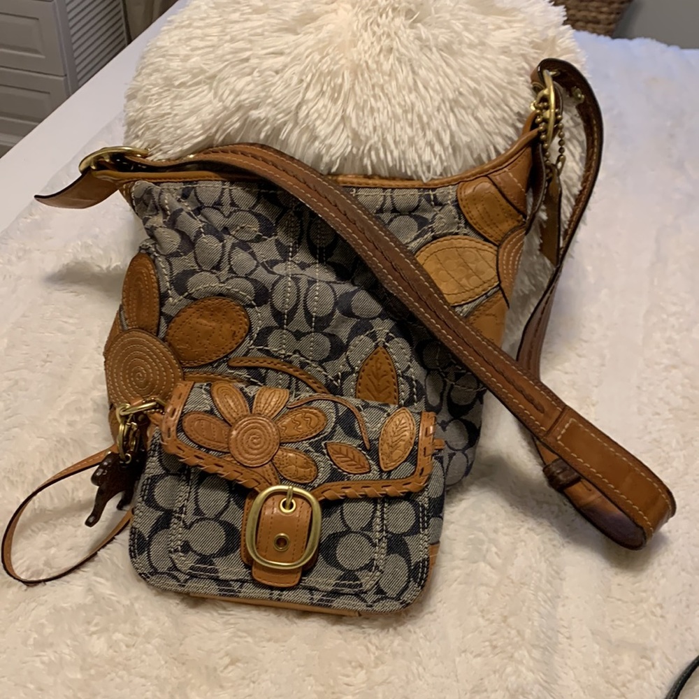 Coach Vachetta Leather Denim Signature Floral Xbody and Wristlet